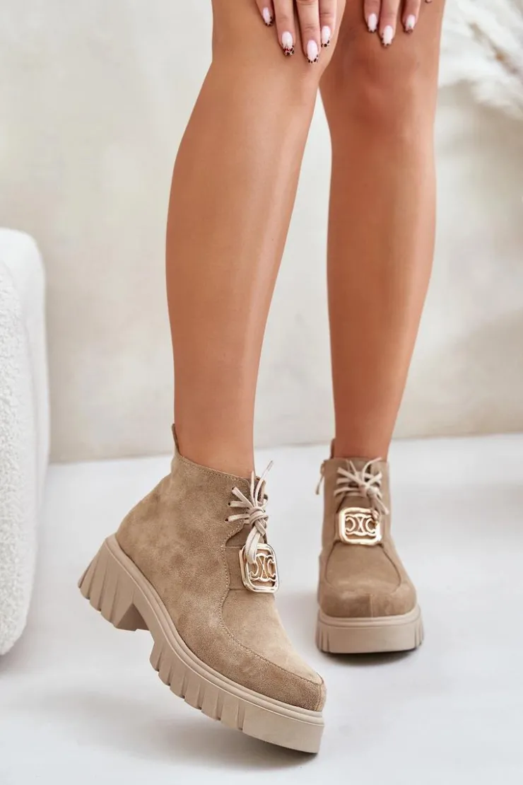 Damskie Zazoo 2952 Zamszowe Botki Ze Złotą Ozdobą Beżowe