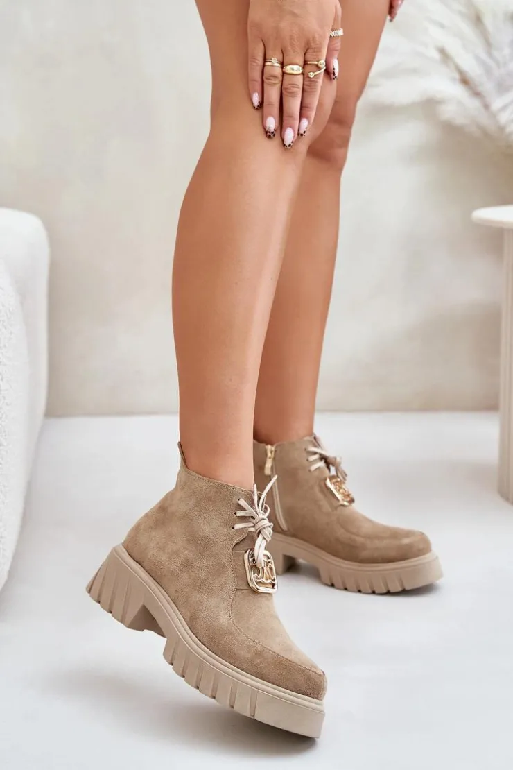 Damskie Zazoo 2952 Zamszowe Botki Ze Złotą Ozdobą Beżowe