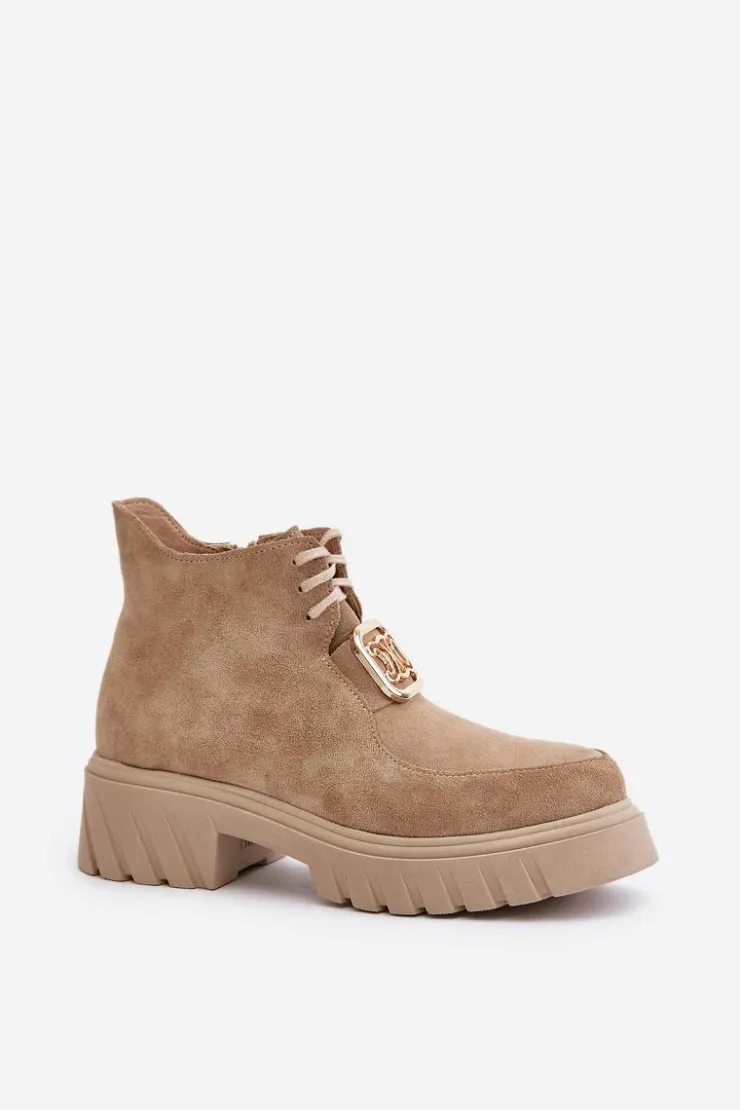 Damskie Zazoo 2952 Zamszowe Botki Ze Złotą Ozdobą Beżowe