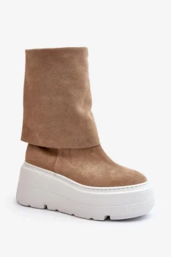 Damskie Zazoo 3410 Zamszowe Damskie Botki Na Masywnej Platformie Beżowe