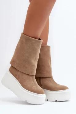 Damskie Zazoo 3410 Zamszowe Damskie Botki Na Masywnej Platformie Beżowe