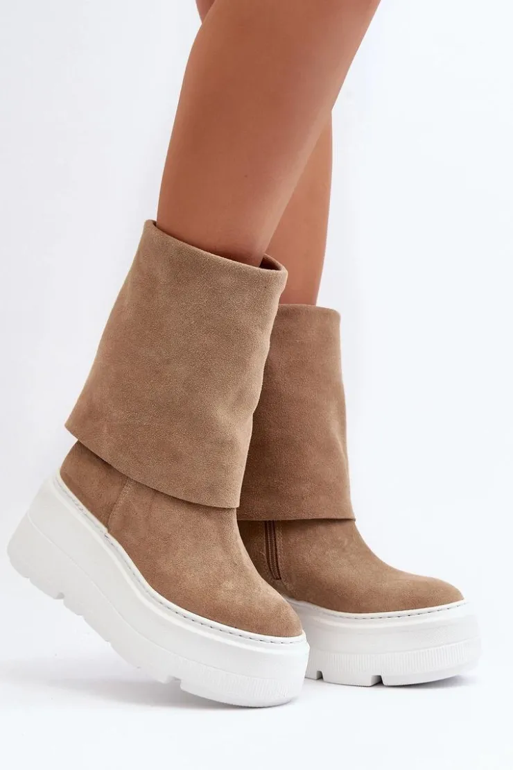 Damskie Zazoo 3410 Zamszowe Damskie Botki Na Masywnej Platformie Beżowe