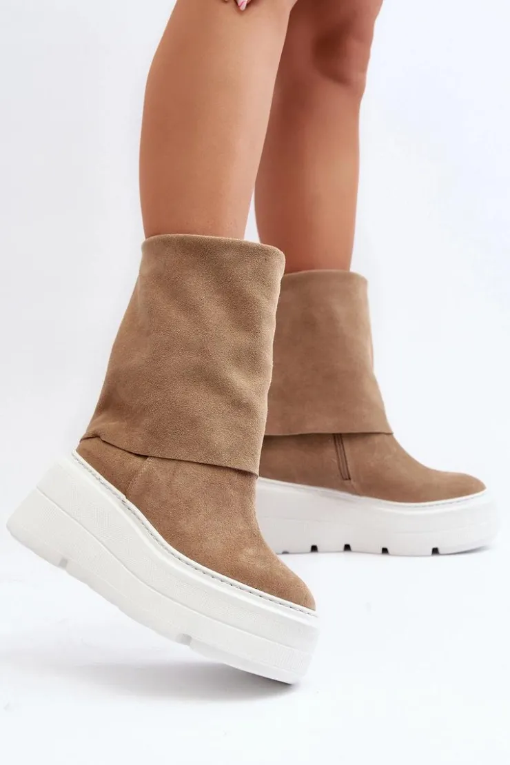 Damskie Zazoo 3410 Zamszowe Damskie Botki Na Masywnej Platformie Beżowe