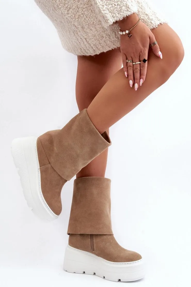 Damskie Zazoo 3410 Zamszowe Damskie Botki Na Masywnej Platformie Beżowe