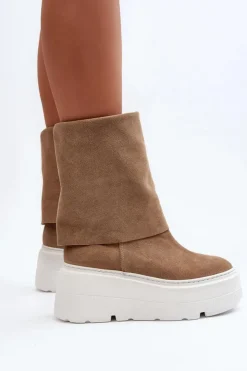 Damskie Zazoo 3410 Zamszowe Damskie Botki Na Masywnej Platformie Beżowe