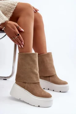 Damskie Zazoo 3410 Zamszowe Damskie Botki Na Masywnej Platformie Beżowe