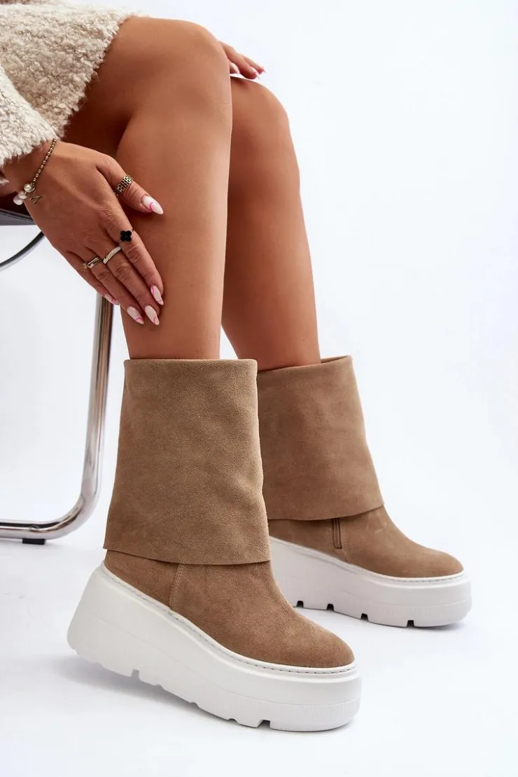 Damskie Zazoo 3410 Zamszowe Damskie Botki Na Masywnej Platformie Beżowe