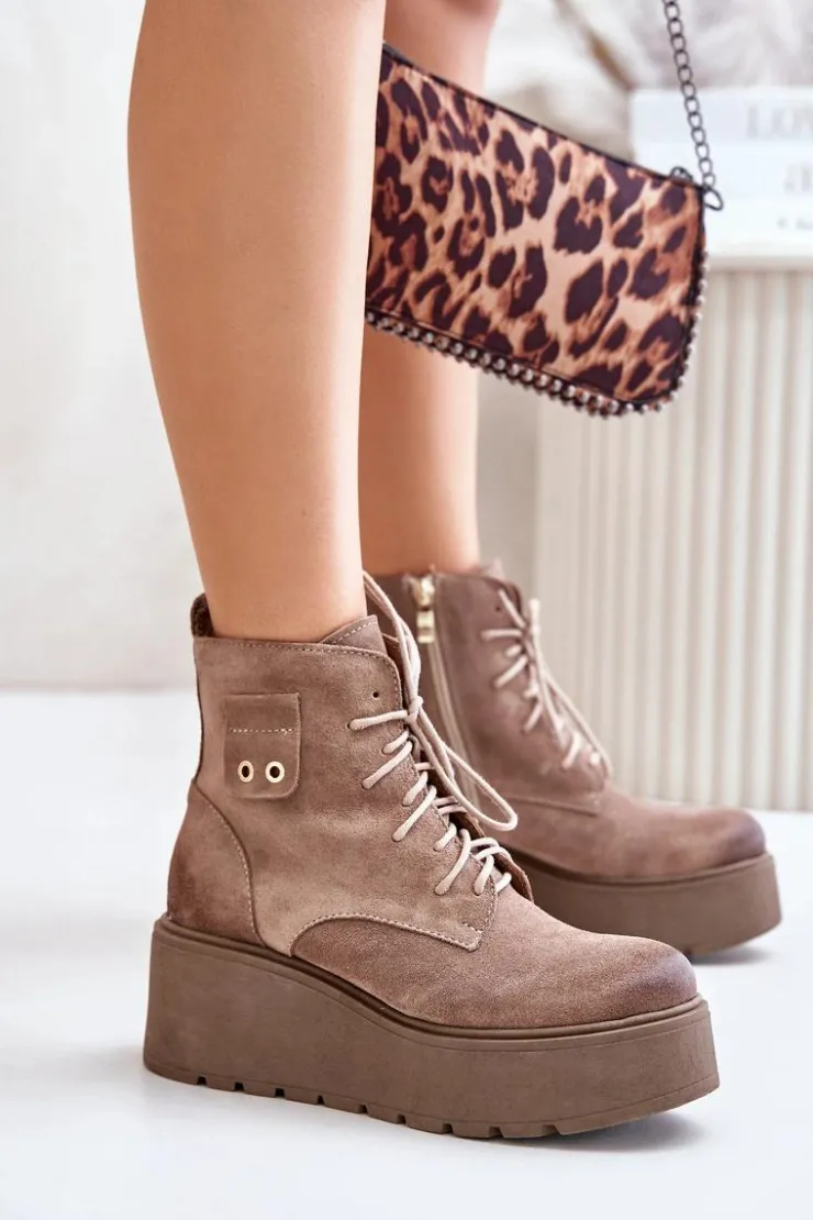 Zazoo Botki Ocieplane|Botki Skórzane*60499 Zamszowe Damskie Botki Na Platformie I Koturnie Ocieplane Beżowe Beżowy