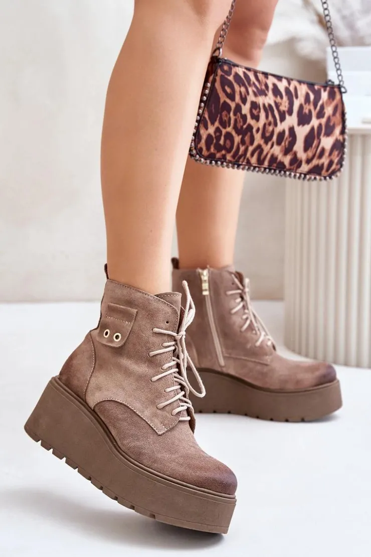 Zazoo Botki Ocieplane|Botki Skórzane*60499 Zamszowe Damskie Botki Na Platformie I Koturnie Ocieplane Beżowe Beżowy