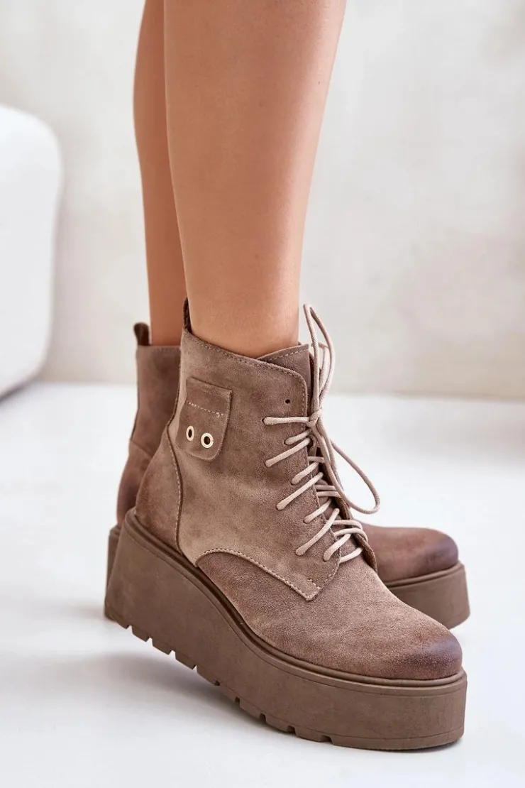 Zazoo Botki Ocieplane|Botki Skórzane*60499 Zamszowe Damskie Botki Na Platformie I Koturnie Ocieplane Beżowe Beżowy