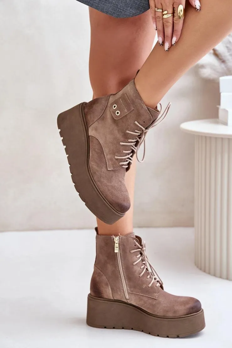 Zazoo Botki Ocieplane|Botki Skórzane*60499 Zamszowe Damskie Botki Na Platformie I Koturnie Ocieplane Beżowe Beżowy