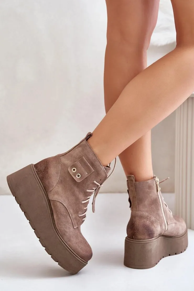 Zazoo Botki Ocieplane|Botki Skórzane*60499 Zamszowe Damskie Botki Na Platformie I Koturnie Ocieplane Beżowe Beżowy