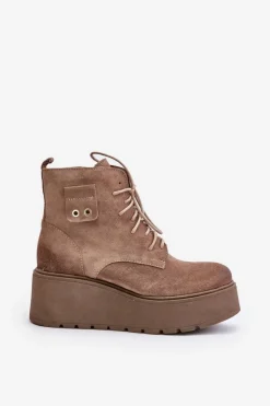 Zazoo Botki Ocieplane|Botki Skórzane*60499 Zamszowe Damskie Botki Na Platformie I Koturnie Ocieplane Beżowe Beżowy