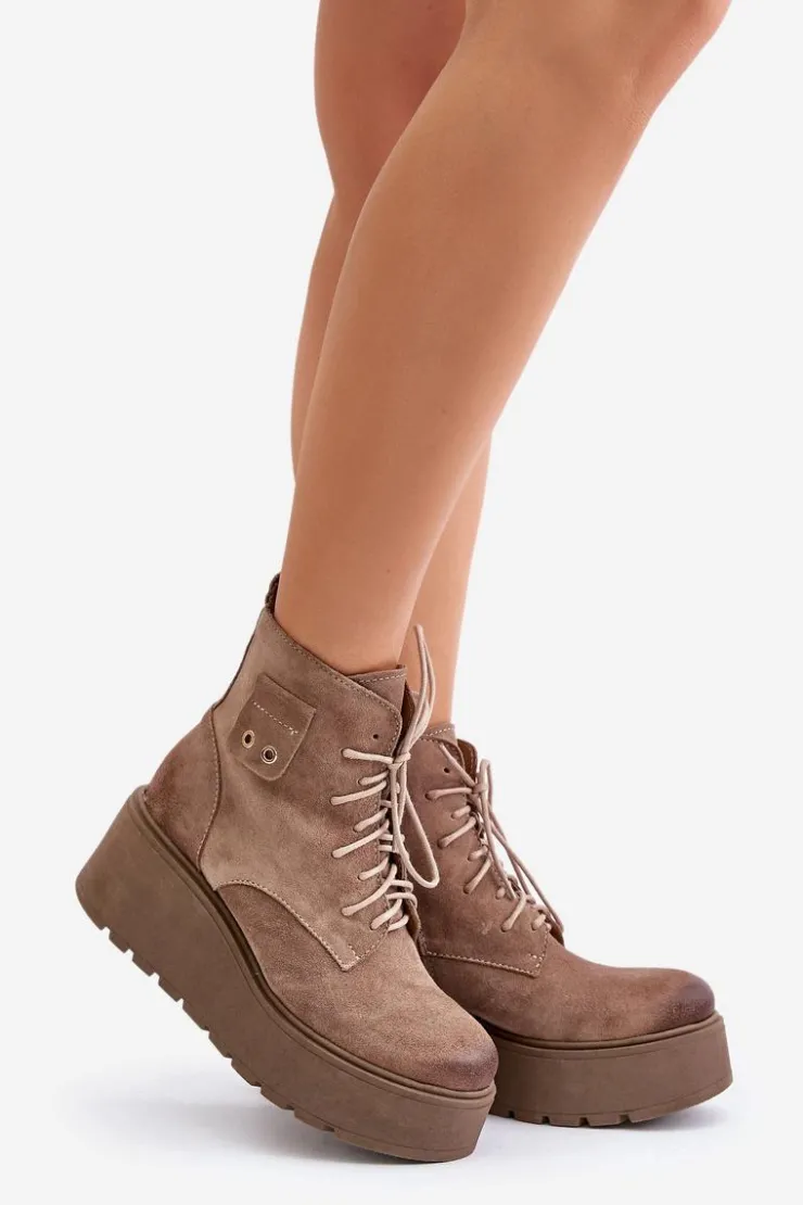 Zazoo Botki Ocieplane|Botki Skórzane*60499 Zamszowe Damskie Botki Na Platformie I Koturnie Ocieplane Beżowe Beżowy