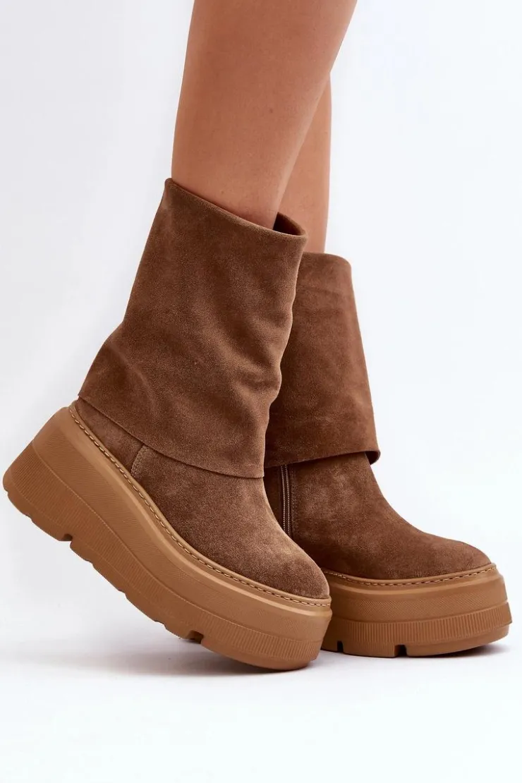 Zazoo Botki Maciejka|Czarne Botki*3410 Zamszowe Damskie Botki Na Masywnej Platformie Camel Brązowy