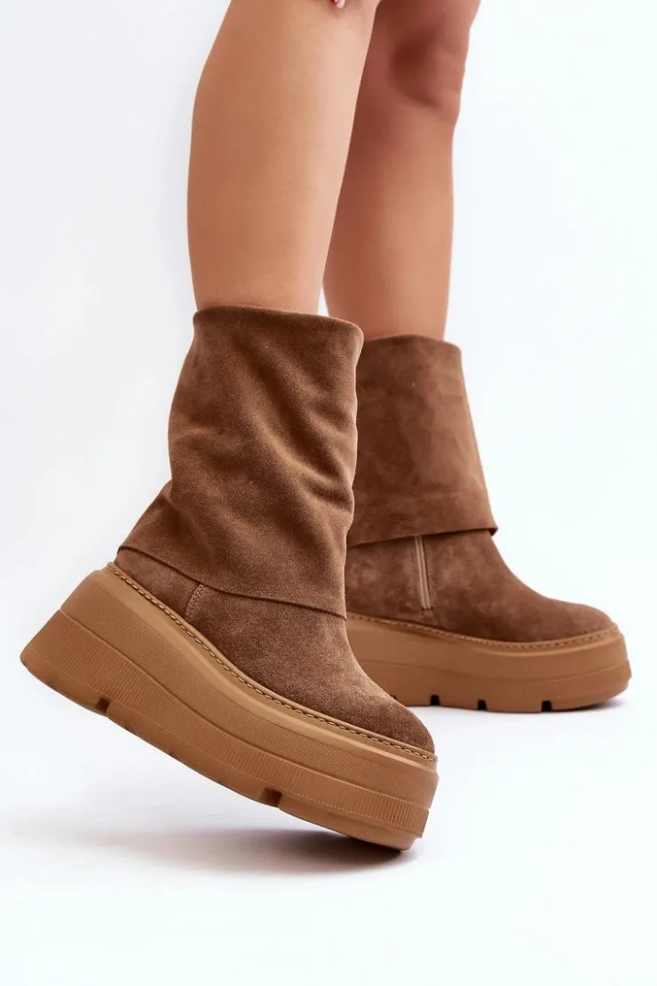 Zazoo Botki Maciejka|Czarne Botki*3410 Zamszowe Damskie Botki Na Masywnej Platformie Camel Brązowy