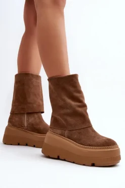 Zazoo Botki Maciejka|Czarne Botki*3410 Zamszowe Damskie Botki Na Masywnej Platformie Camel Brązowy