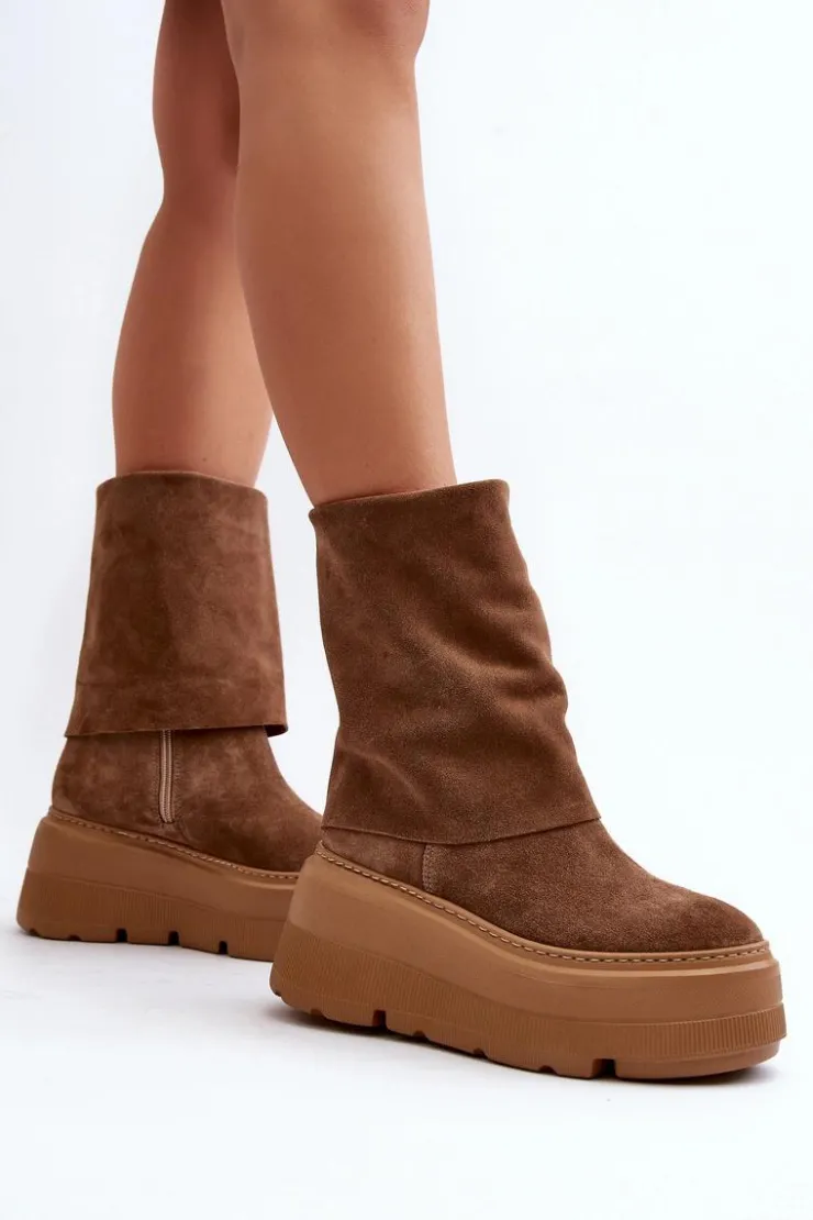 Zazoo Botki Maciejka|Czarne Botki*3410 Zamszowe Damskie Botki Na Masywnej Platformie Camel Brązowy