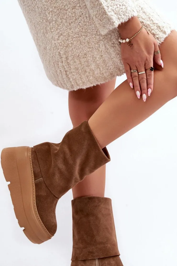 Zazoo Botki Maciejka|Czarne Botki*3410 Zamszowe Damskie Botki Na Masywnej Platformie Camel Brązowy