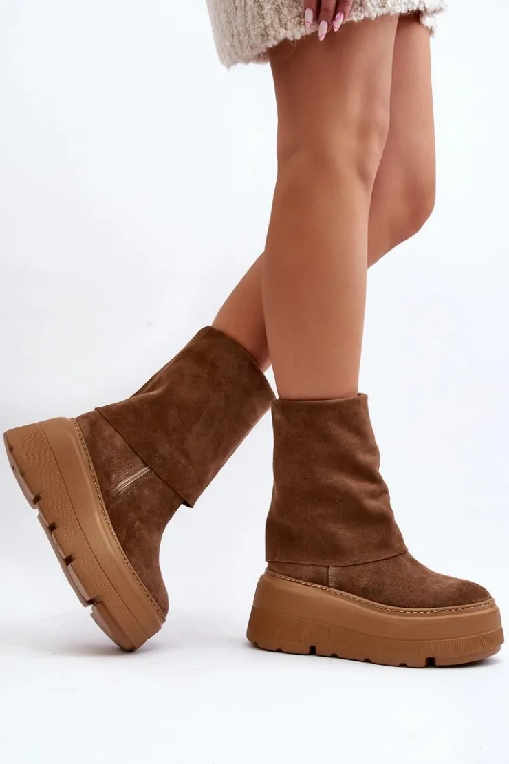 Zazoo Botki Maciejka|Czarne Botki*3410 Zamszowe Damskie Botki Na Masywnej Platformie Camel Brązowy