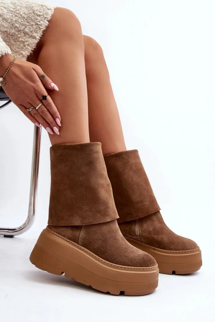 Zazoo Botki Maciejka|Czarne Botki*3410 Zamszowe Damskie Botki Na Masywnej Platformie Camel Brązowy