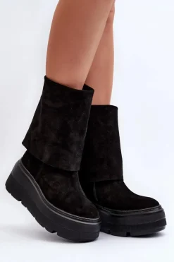 Zazoo Botki Maciejka|Botki Skórzane*3410 Zamszowe Damskie Botki Na Masywnej Platformie Czarne