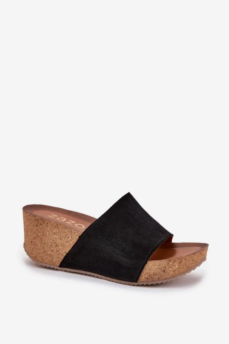 New Zazoo 40311 Zamszowe Klapki Damskie Na Korkowym Koturnie Czarne
