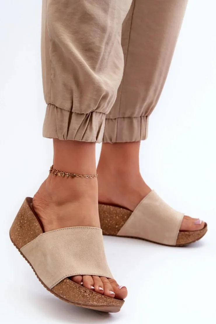 Zazoo Klapki Na Koturnie|Klapki Korkowe*40311 Zamszowe Klapki Damskie Na Korkowym Koturnie Beżowe