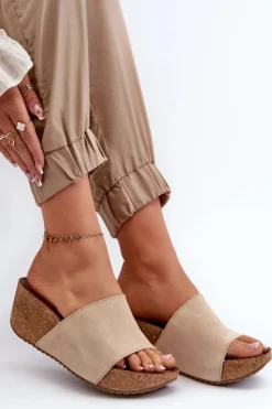 Zazoo Klapki Na Koturnie|Klapki Korkowe*40311 Zamszowe Klapki Damskie Na Korkowym Koturnie Beżowe