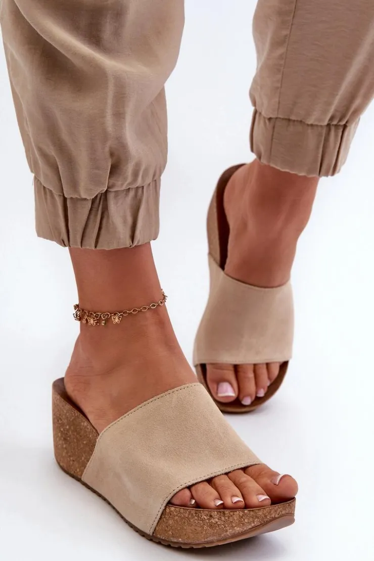 Zazoo Klapki Na Koturnie|Klapki Korkowe*40311 Zamszowe Klapki Damskie Na Korkowym Koturnie Beżowe