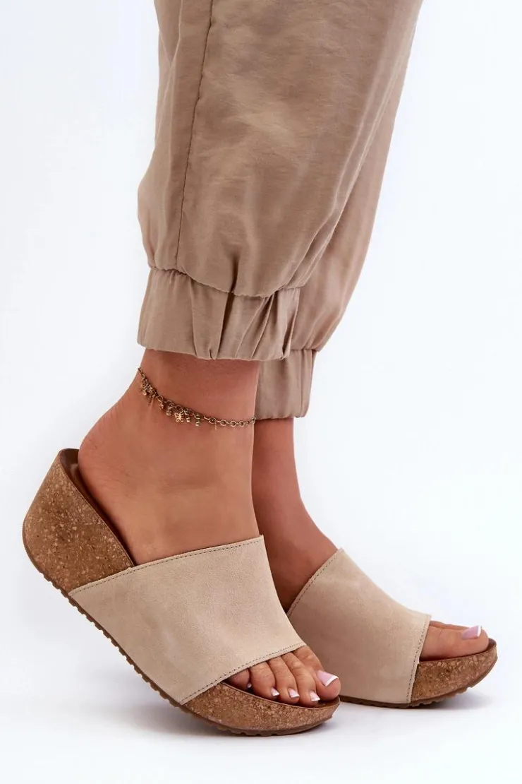 Zazoo Klapki Na Koturnie|Klapki Korkowe*40311 Zamszowe Klapki Damskie Na Korkowym Koturnie Beżowe