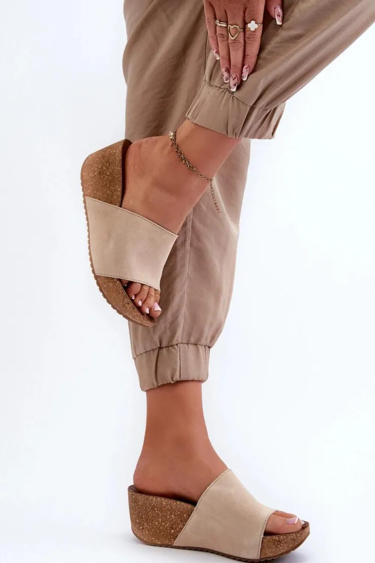 Zazoo Klapki Na Koturnie|Klapki Korkowe*40311 Zamszowe Klapki Damskie Na Korkowym Koturnie Beżowe