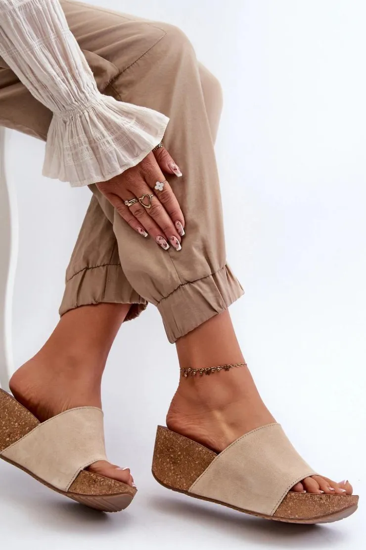 Zazoo Klapki Na Koturnie|Klapki Korkowe*40311 Zamszowe Klapki Damskie Na Korkowym Koturnie Beżowe