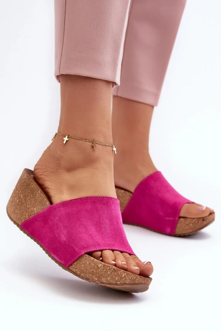 Damskie Zazoo 40311 Zamszowe Klapki Damskie Na Korkowym Koturnie Fuksja