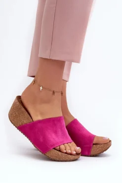 Damskie Zazoo 40311 Zamszowe Klapki Damskie Na Korkowym Koturnie Fuksja