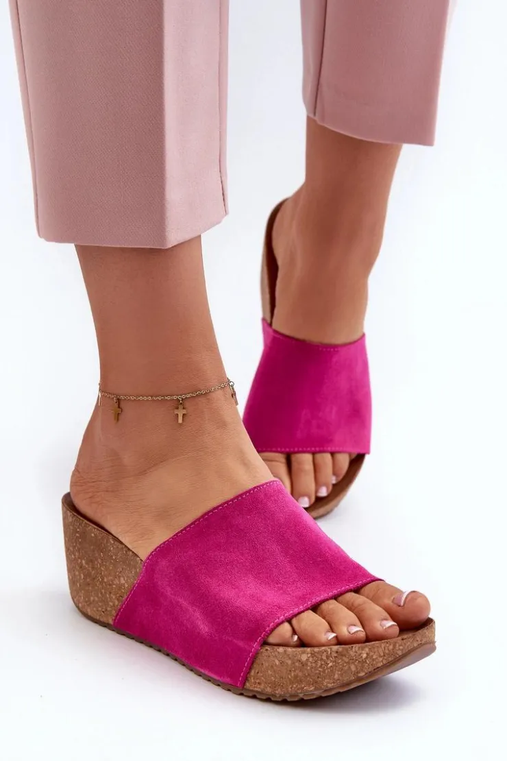 Damskie Zazoo 40311 Zamszowe Klapki Damskie Na Korkowym Koturnie Fuksja