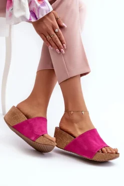 Damskie Zazoo 40311 Zamszowe Klapki Damskie Na Korkowym Koturnie Fuksja