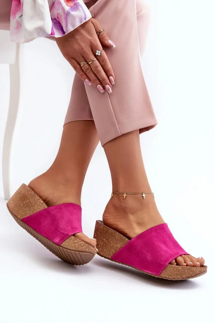 Damskie Zazoo 40311 Zamszowe Klapki Damskie Na Korkowym Koturnie Fuksja
