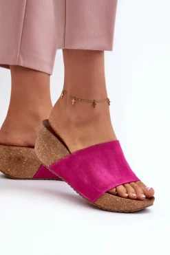 Damskie Zazoo 40311 Zamszowe Klapki Damskie Na Korkowym Koturnie Fuksja