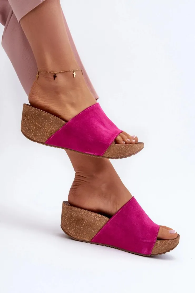 Damskie Zazoo 40311 Zamszowe Klapki Damskie Na Korkowym Koturnie Fuksja