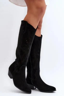 Damskie Zazoo 2909 Zamszowe Kozaki Ażurowe Na Niskim Obcasie Czarne