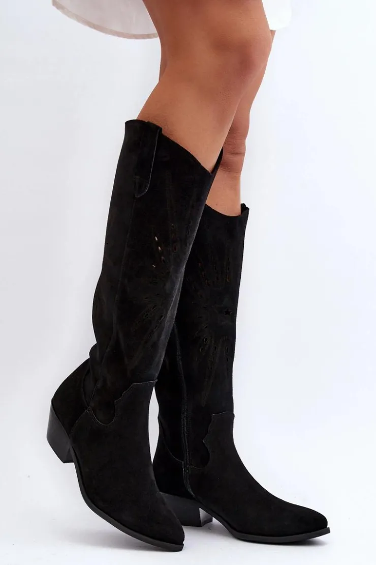 Damskie Zazoo 2909 Zamszowe Kozaki Ażurowe Na Niskim Obcasie Czarne