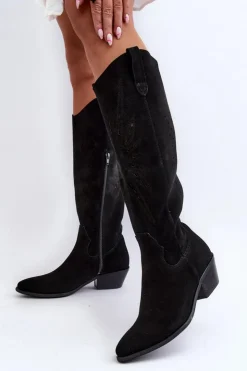 Damskie Zazoo 2909 Zamszowe Kozaki Ażurowe Na Niskim Obcasie Czarne