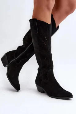 Damskie Zazoo 2909 Zamszowe Kozaki Ażurowe Na Niskim Obcasie Czarne