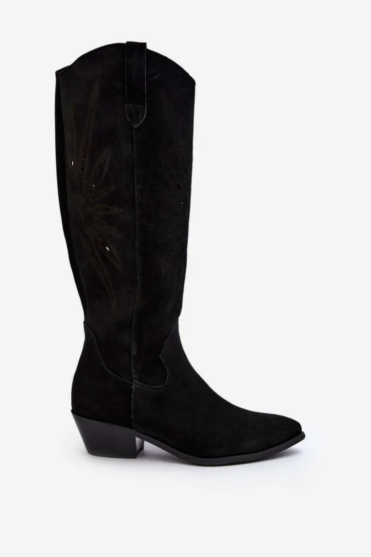 Damskie Zazoo 2909 Zamszowe Kozaki Ażurowe Na Niskim Obcasie Czarne