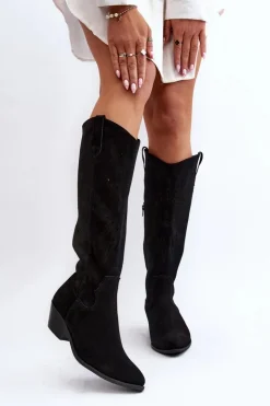 Damskie Zazoo 2909 Zamszowe Kozaki Ażurowe Na Niskim Obcasie Czarne