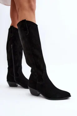 Damskie Zazoo 2909 Zamszowe Kozaki Ażurowe Na Niskim Obcasie Czarne