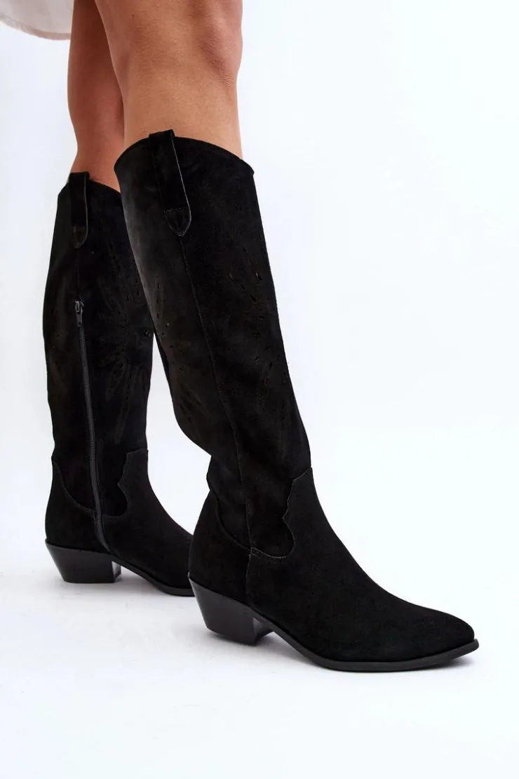 Damskie Zazoo 2909 Zamszowe Kozaki Ażurowe Na Niskim Obcasie Czarne