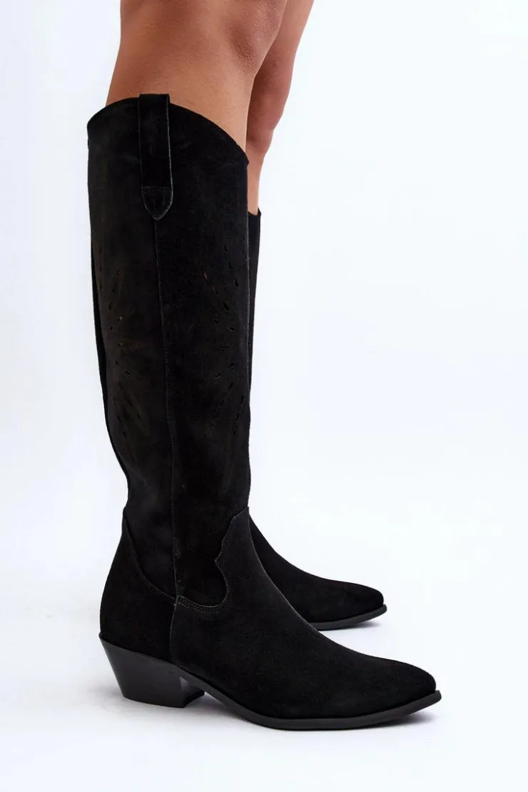 Damskie Zazoo 2909 Zamszowe Kozaki Ażurowe Na Niskim Obcasie Czarne