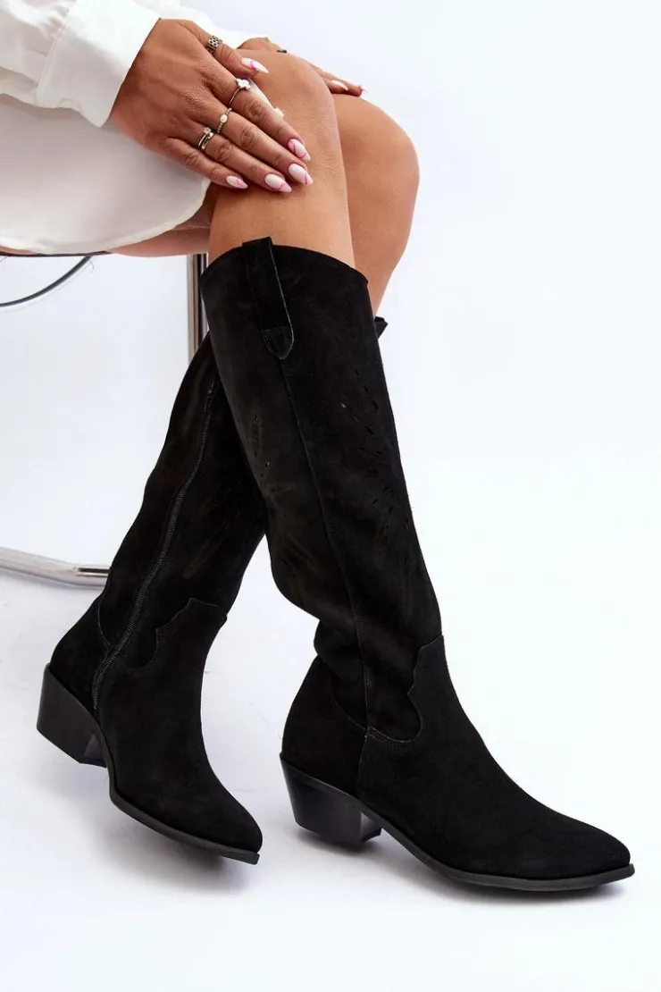 Damskie Zazoo 2909 Zamszowe Kozaki Ażurowe Na Niskim Obcasie Czarne